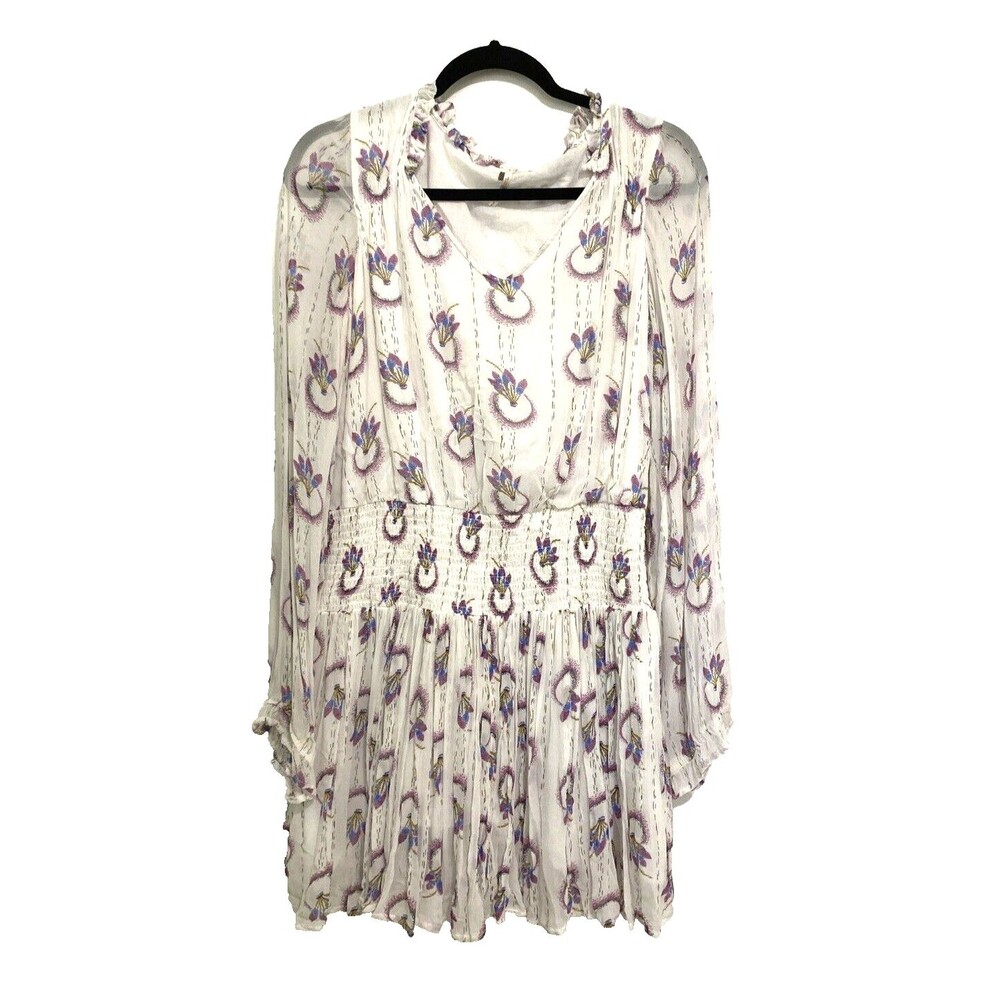 Free People Mini Dress Size M Boho Floral Smocked Sheer Long Sleeves White